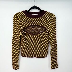 Zara Checkered Front Cutout Long Sleeve Streetwear Artsy Knitted Top